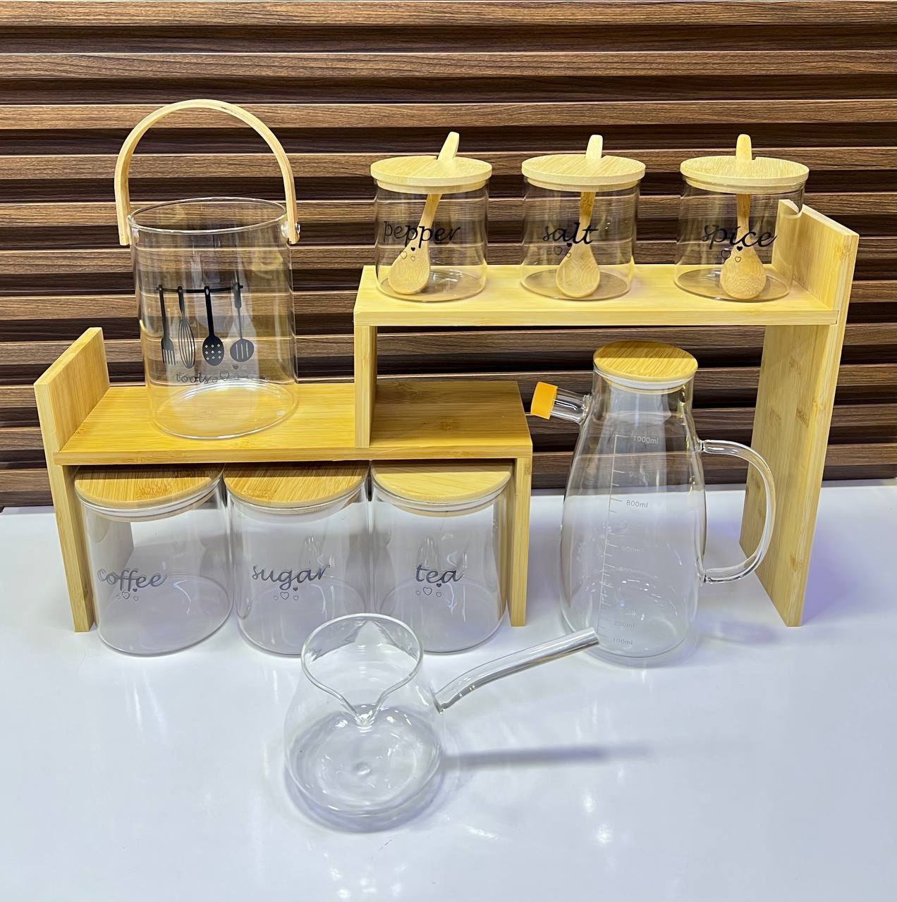 Ensemble de 6 pots à épices et bouteilles d'huile avec support en bois