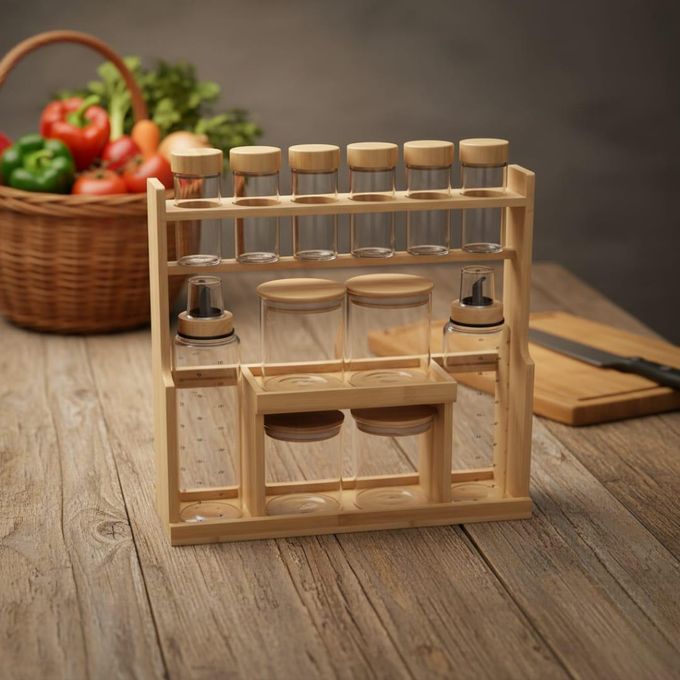 Set d’organisation de cuisine 🍽️ avec bocaux en verre et couvercles en bois 🌿 livré avec un support élégant. Parfait pour les épices