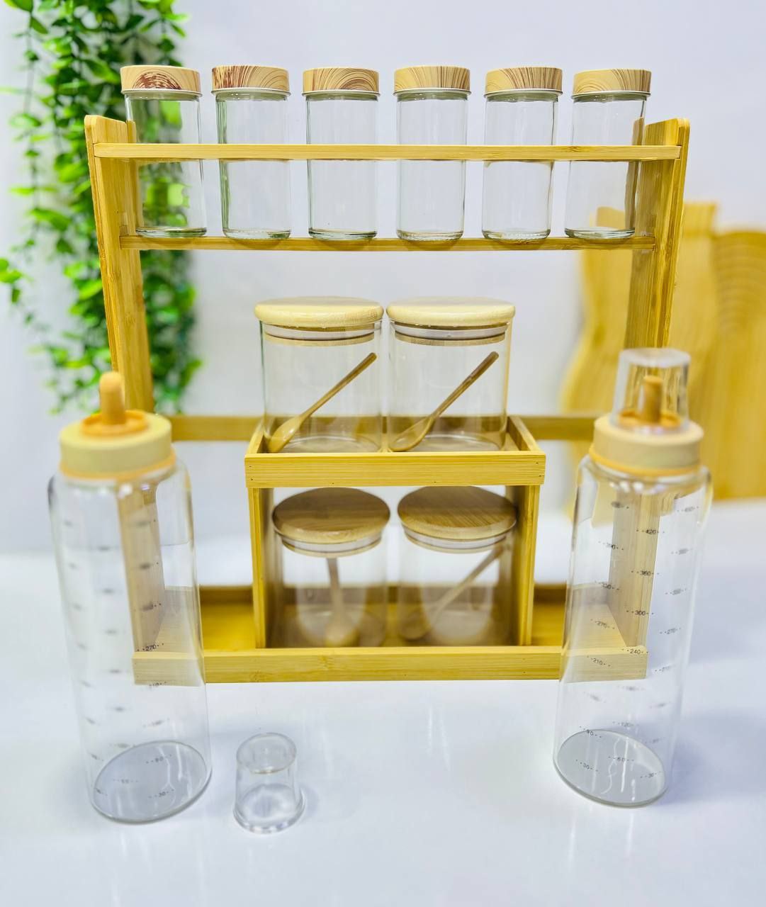 Ensemble de pots de cuisine en verre avec couvercles en bambou + support en bois