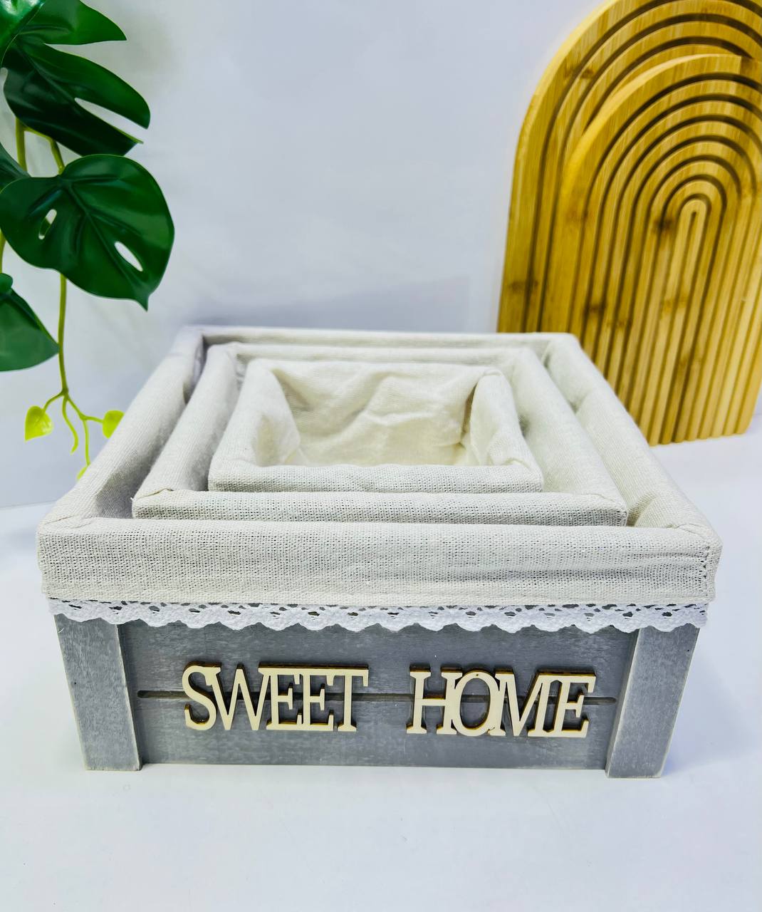 Ensemble de 3 paniers déco en bois “Sweet Home”