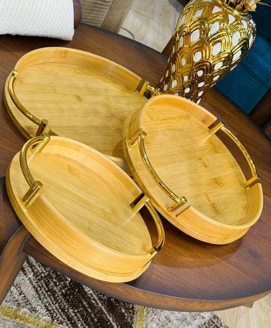 🌿 Ensemble de plateaux ronds en bois avec poignées dorées ✨