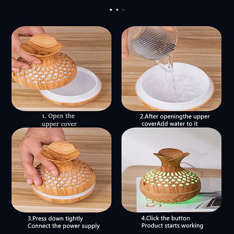 Vase en bois coloré de 300ml, humidificateur d'air à brume fraîche