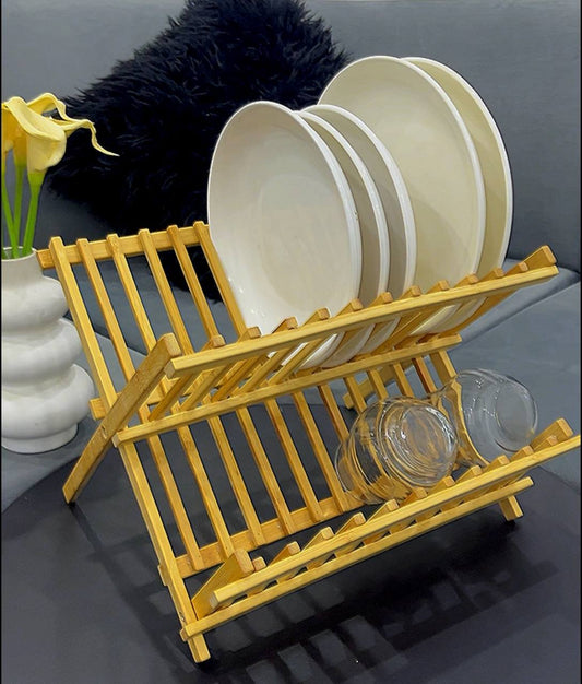 Égouttoir à Vaisselle Pliable en Bambou – 2 Niveaux, Design Naturel et Compact