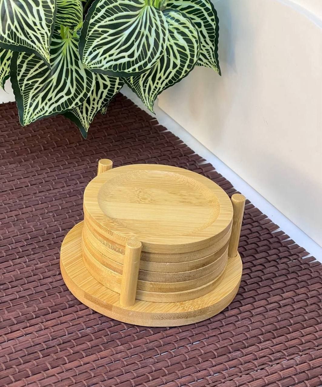 6 pièces Set de sous-verres en bambou avec support