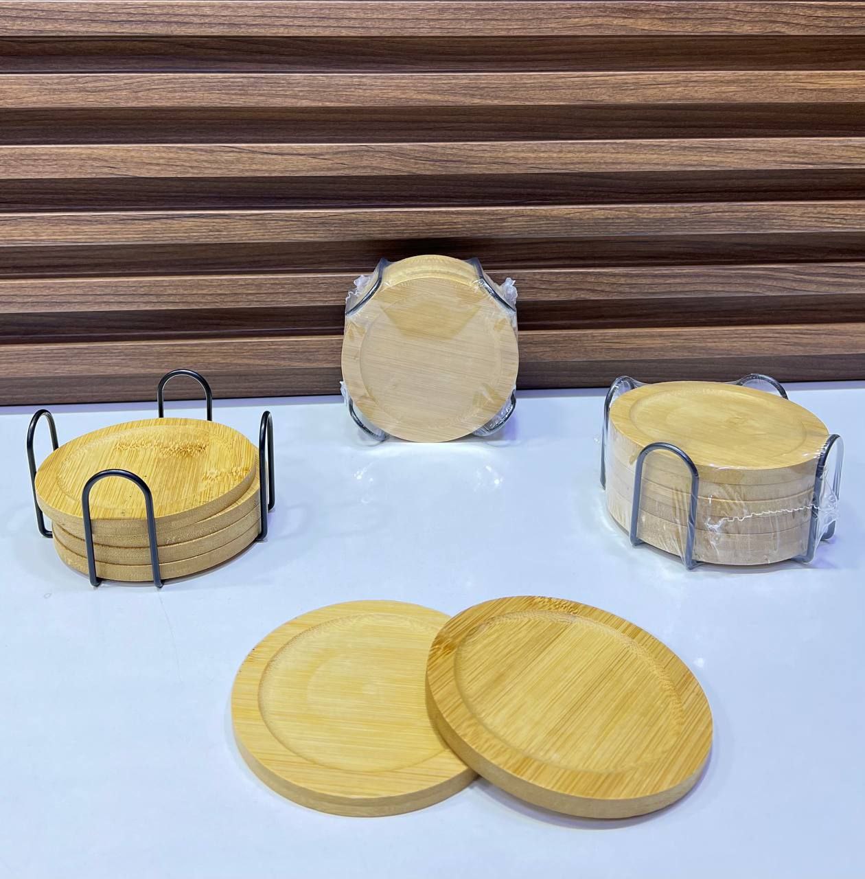 6 pièces Set de sous-verres en bambou avec support