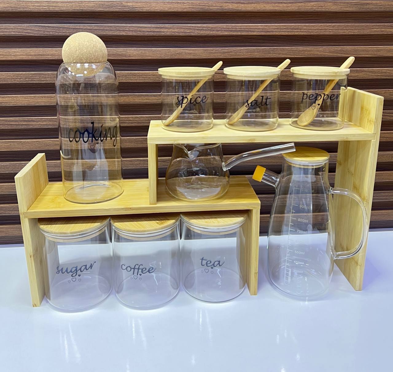 Ensemble de 6 pots à épices et bouteilles d'huile avec support en bois