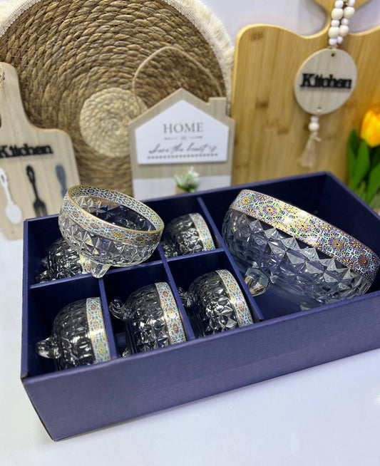 "Service de bols en verre avec motifs traditionnels colorés et bordure dorée