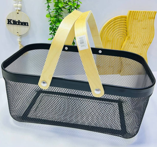Panier design en métal noir avec poignées en bois – pratique et élégant pour la maison