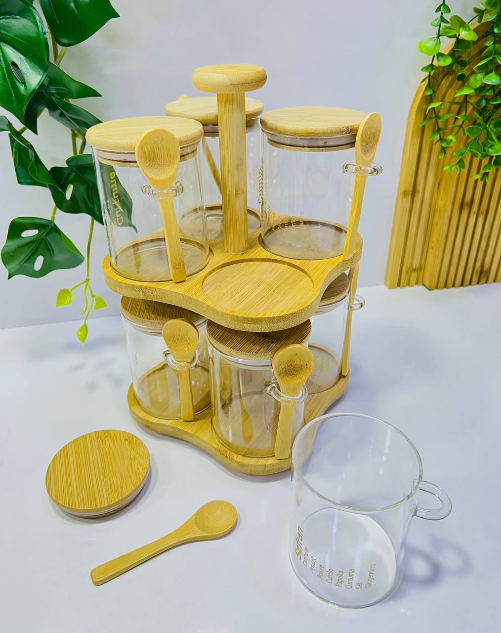 🌿 Set de pots à épices en bambou et verre