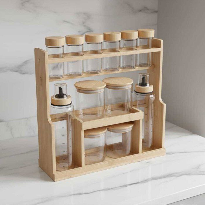 Set d’organisation de cuisine 🍽️ avec bocaux en verre et couvercles en bois 🌿 livré avec un support élégant. Parfait pour les épices
