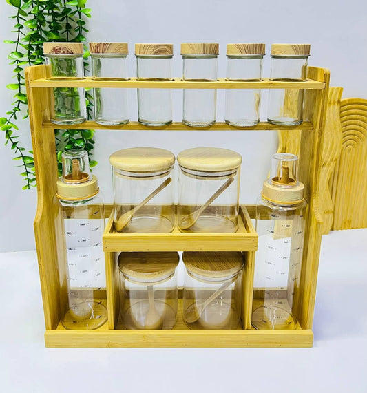 Ensemble de pots de cuisine en verre avec couvercles en bambou + support en bois