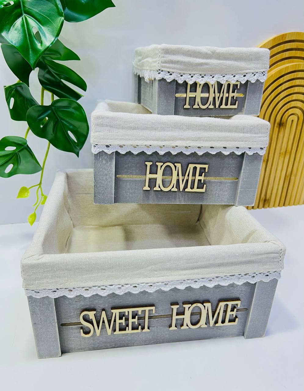 Ensemble de 3 paniers déco en bois “Sweet Home”