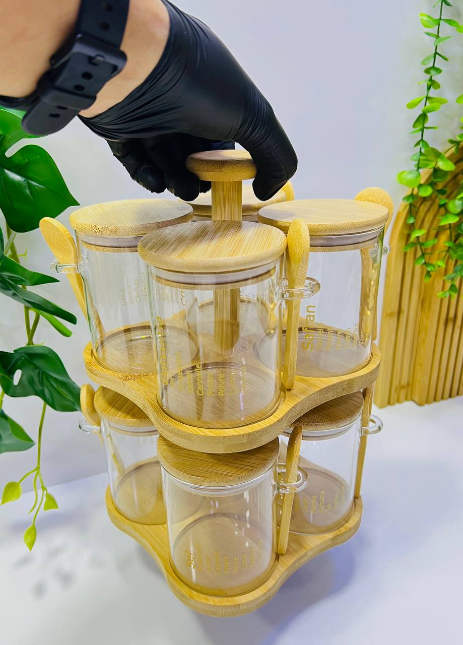 🌿 Set de pots à épices en bambou et verre